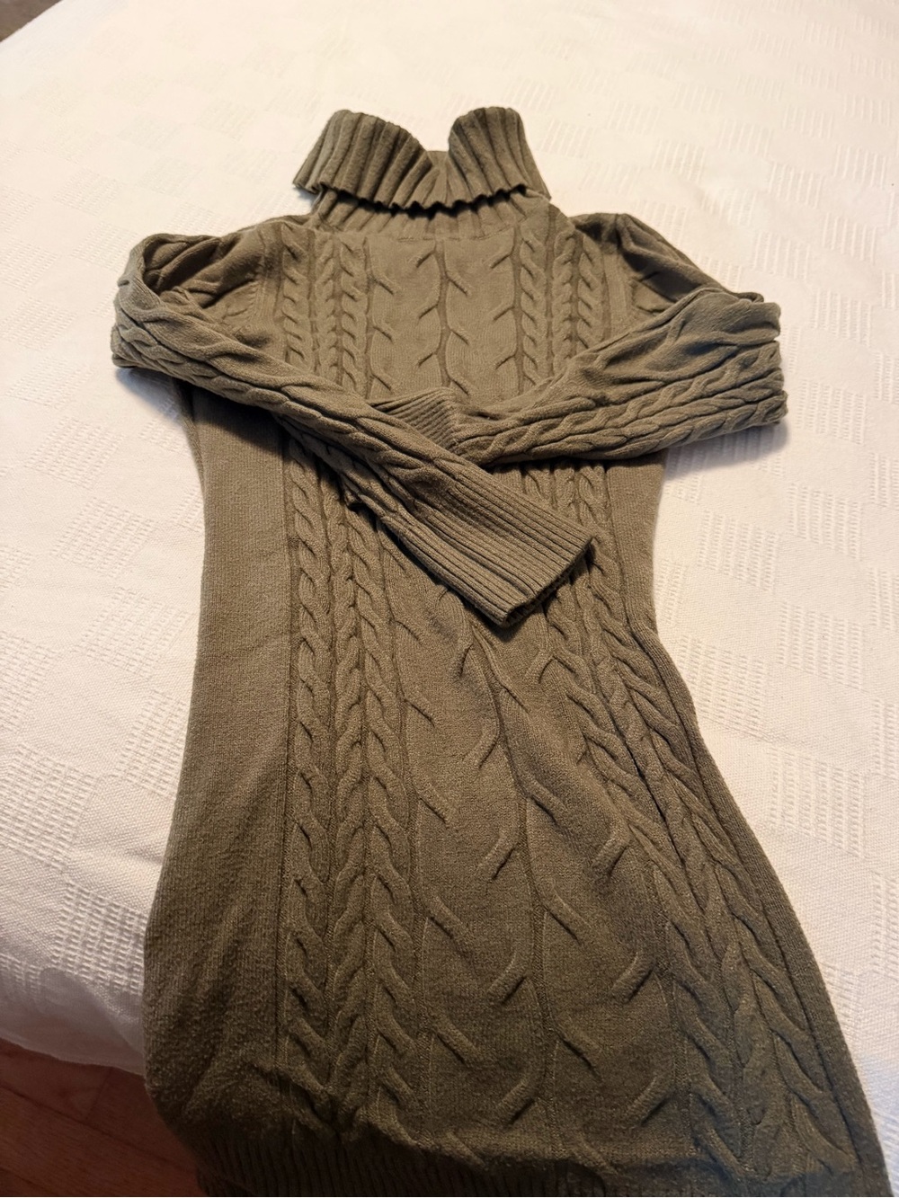 Cable Knit Turtleneck Sweater Dress in Olive
